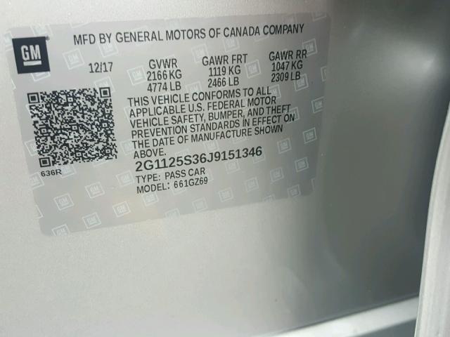 2G1125S36J9151346 - 2018 CHEVROLET IMPALA PRE ვერცხლისფერი ფოტო 10
