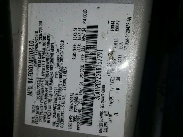 3FAHP07Z28R157291 - 2008 FORD FUSION SE GRAY photo 10