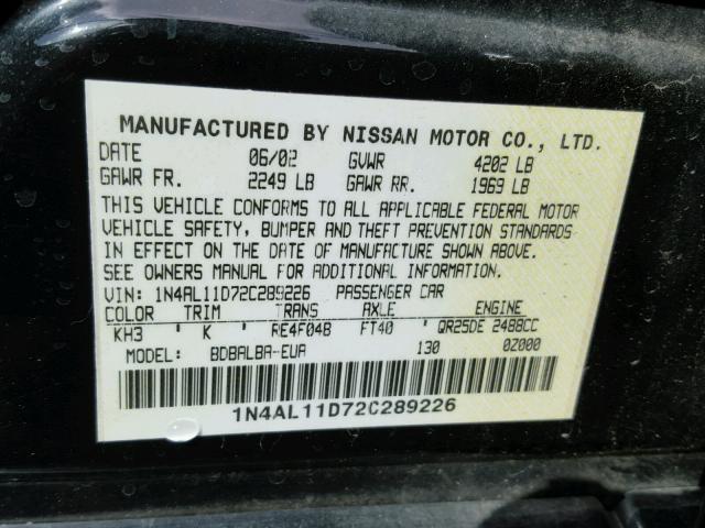 1N4AL11D72C289226 - 2002 NISSAN ALTIMA BLACK photo 10