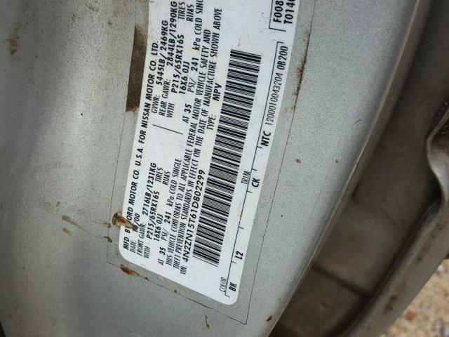 4N2ZN15T61D802299 - 2001 NISSAN QUEST GXE SILVER photo 10