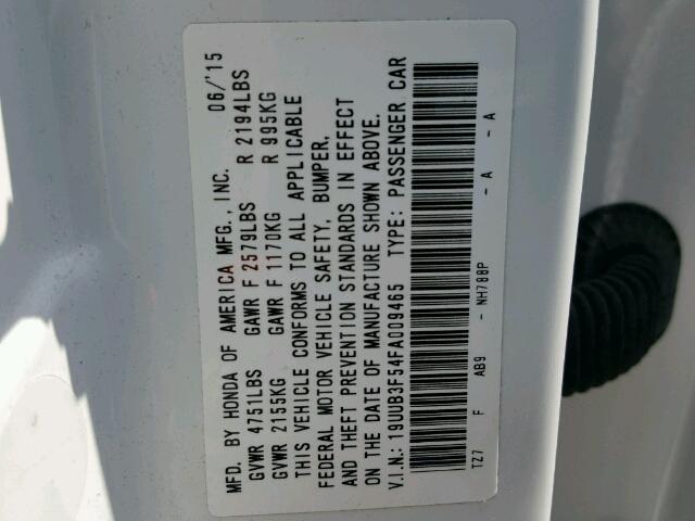 19UUB3F54FA009465 - 2015 ACURA TLX TECH WHITE photo 10