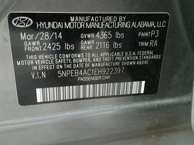 5NPEB4AC1EH922397 - 2014 HYUNDAI SONATA GLS GRAY photo 10