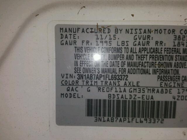 3N1AB7AP1FL693372 - 2015 NISSAN SENTRA WHITE photo 10