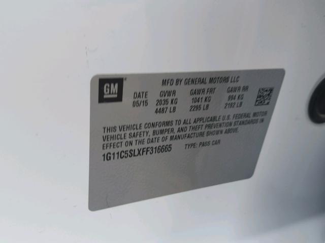 1G11C5SLXFF316665 - 2015 CHEVROLET MALIBU 1LT WHITE photo 10
