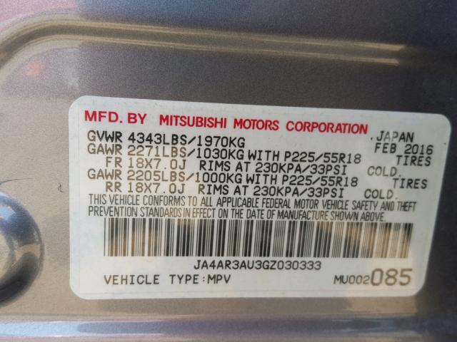 JA4AR3AU3GZ030333 - 2016 MITSUBISHI OUTLANDER GRAY photo 10