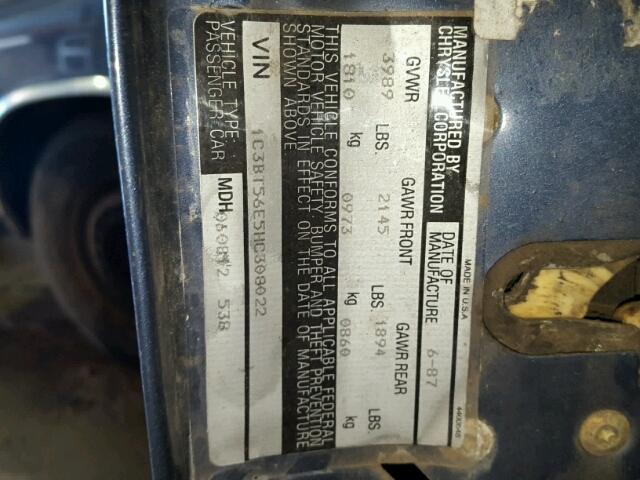 1C3BT56E5HC308022 - 1987 CHRYSLER NEW YORKER BLUE photo 10