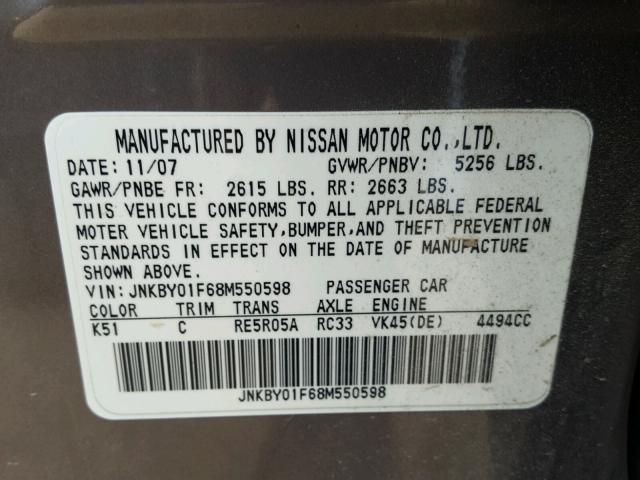 JNKBY01F68M550598 - 2008 INFINITI M45 GRAY photo 10