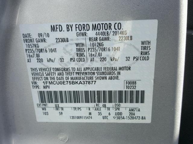 1FMCU0E75BKA37877 - 2011 FORD ESCAPE LIM SILVER photo 10