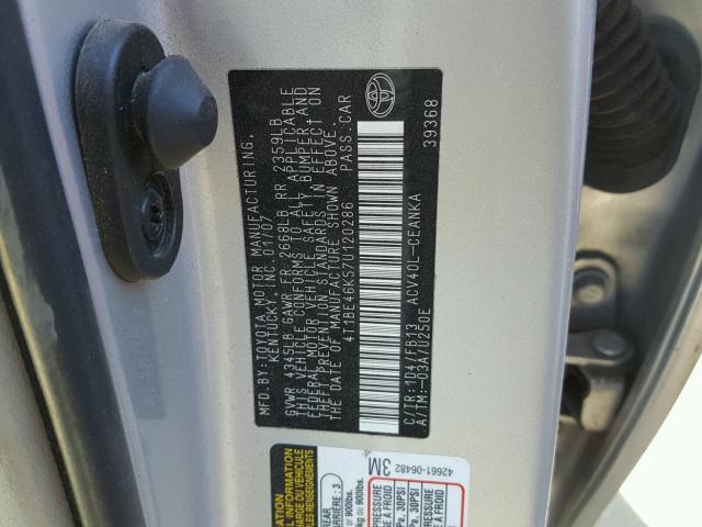 4T1BE46K57U120286 - 2007 TOYOTA CAMRY NEW SILVER photo 10