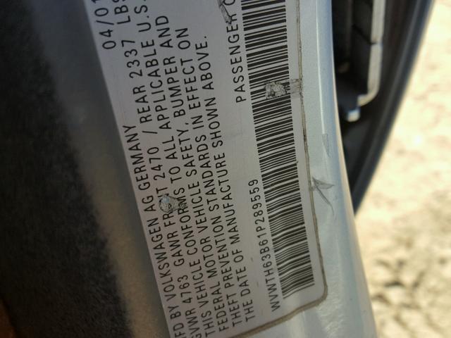 WVWTH63B61P289559 - 2001 VOLKSWAGEN PASSAT GLX SILVER photo 10