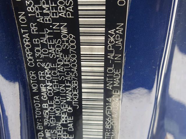 JTKDE3B75A0307009 - 2010 TOYOTA SCION TC ლურჯი ფოტო 10