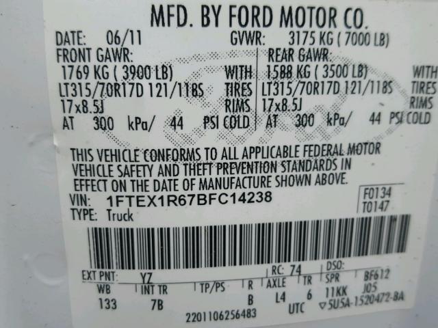 1FTEX1R67BFC14238 - 2011 FORD F150 SVT R WHITE photo 10