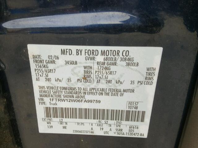 1FTRW12W06FA99759 - 2006 FORD F150 SUPER BLUE photo 10