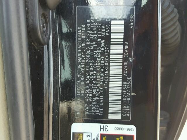 4T4BE46K08R047271 - 2008 TOYOTA CAMRY CE BLACK photo 10