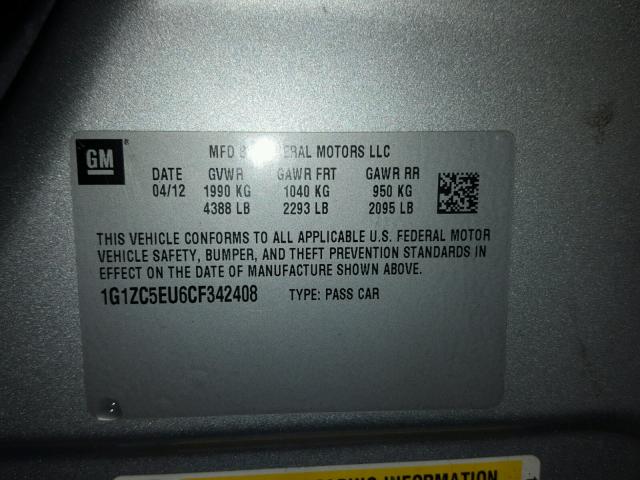 1G1ZC5EU6CF342408 - 2012 CHEVROLET MALIBU 1LT 银色 照片 10