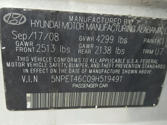 5NPET46C09H519491 - 2009 HYUNDAI SONATA GLS SILVER photo 10