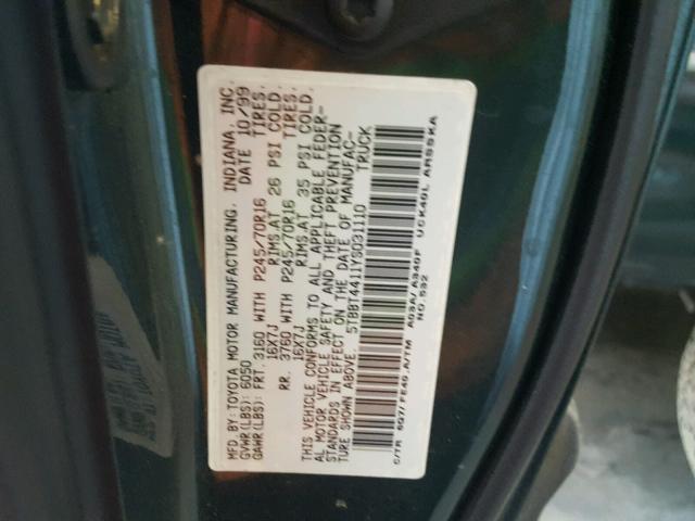 5TBBT4411YS031110 - 2000 TOYOTA TUNDRA ACC GREEN photo 10