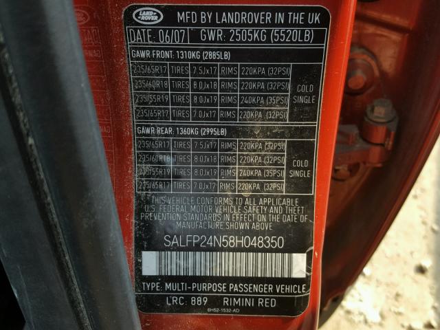 SALFP24N58H048350 - 2008 LAND ROVER LR2 SE RED photo 10