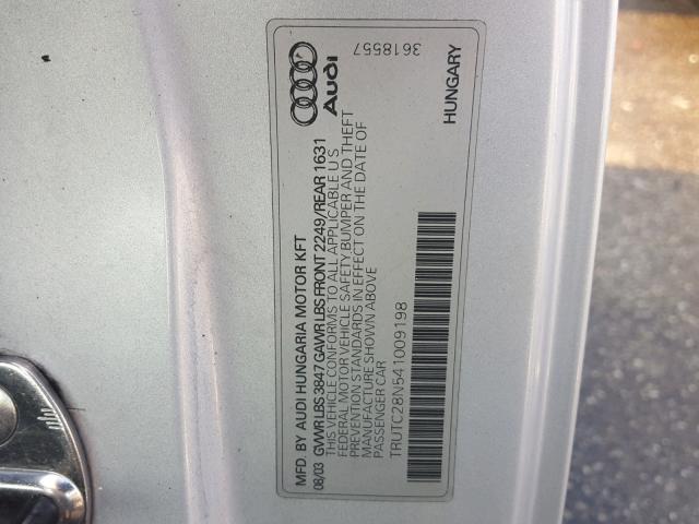 TRUTC28N541009198 - 2004 AUDI TT SILVER photo 10