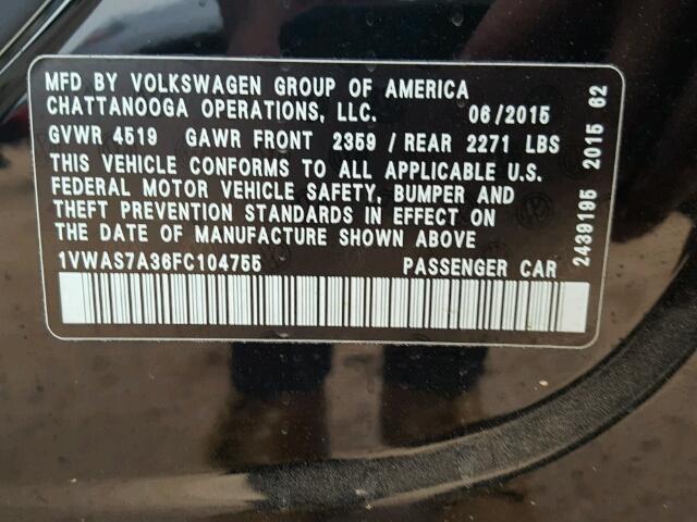 1VWAS7A36FC104755 - 2015 VOLKSWAGEN PASSAT S Սև լուսանկար 10