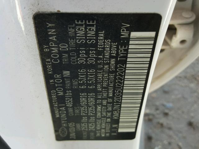 KM8JN12D35U222202 - 2005 HYUNDAI TUCSON WHITE photo 10