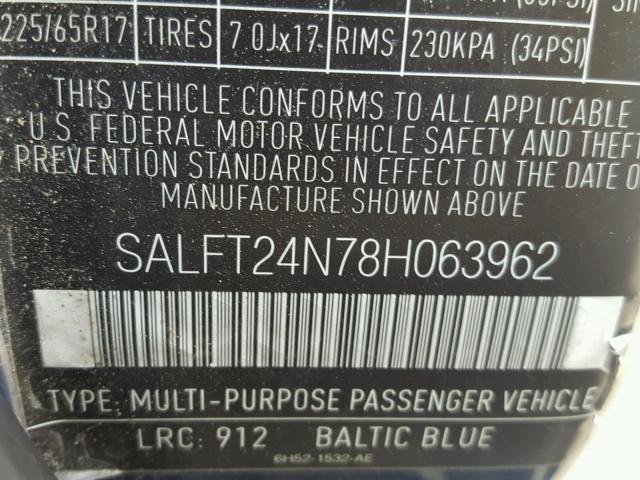SALFT24N78H063962 - 2008 LAND ROVER LR2 HSE TE BLUE photo 10