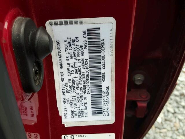 1NXBR32E36Z616524 - 2006 TOYOTA COROLLA CE RED photo 10