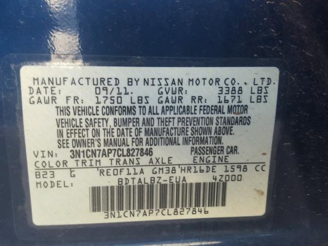 3N1CN7AP7CL827846 - 2012 NISSAN VERSA S BLUE photo 10