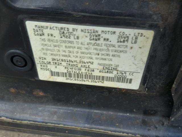 3N1CB51D6YL356492 - 2000 NISSAN SENTRA BAS BLACK photo 10