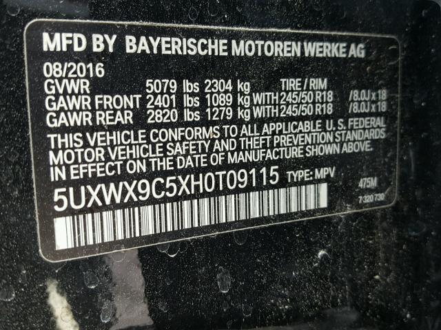 5UXWX9C5XH0T09115 - 2017 BMW X3 XDRIVE2 BLACK photo 10