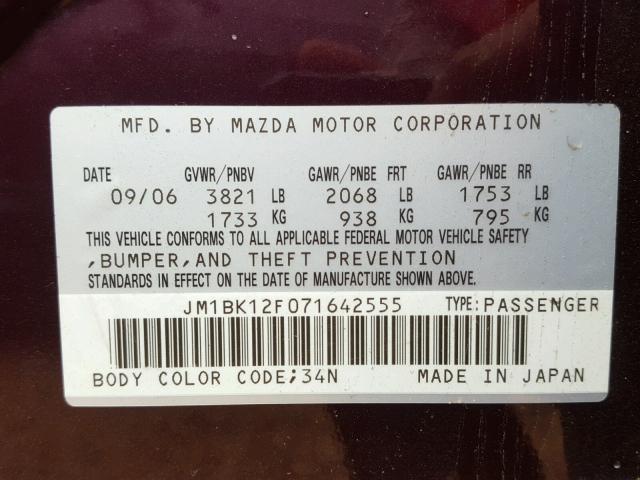 JM1BK12F071642555 - 2007 MAZDA 3 PURPLE photo 10