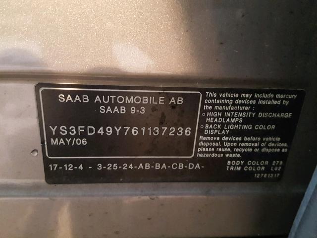 YS3FD49Y761137236 - 2006 SAAB 9-3 BASE SILVER photo 10