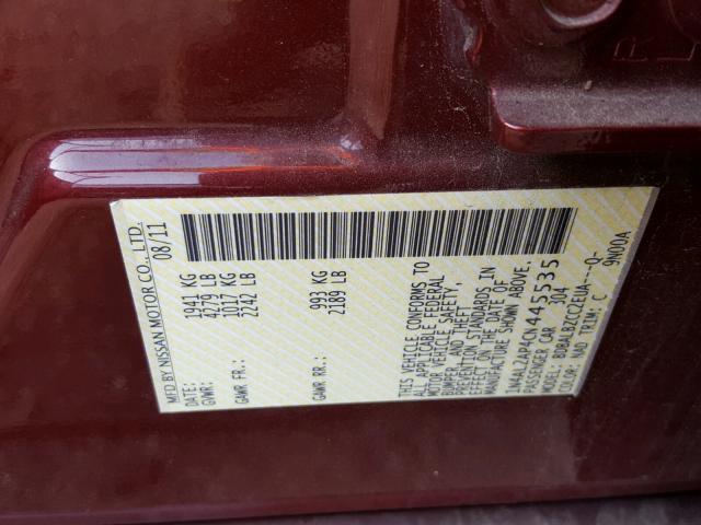 1N4AL2AP4CN445535 - 2012 NISSAN ALTIMA MAROON photo 10