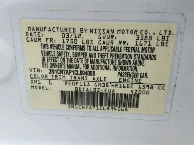 3N1CN7AP1CL894068 - 2012 NISSAN VERSA S WHITE photo 10