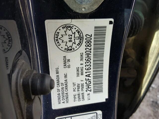 2HGFA16336H028802 - 2006 HONDA CIVIC DX V BLUE photo 10