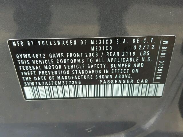 3VW1K7AJ7CM377356 - 2012 VOLKSWAGEN JETTA BASE Մոխրագույն լուսանկար 10