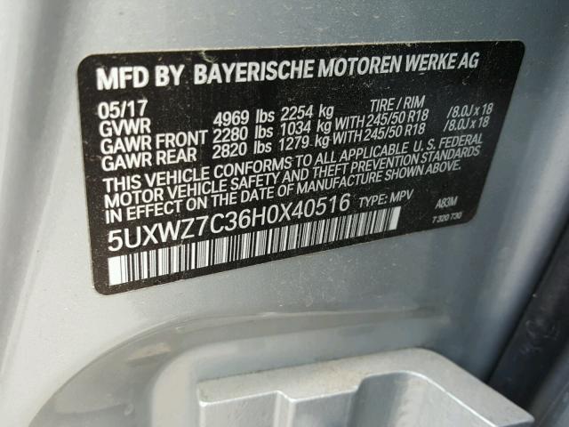 5UXWZ7C36H0X40516 - 2017 BMW X3 SDRIVE2 SILVER photo 10