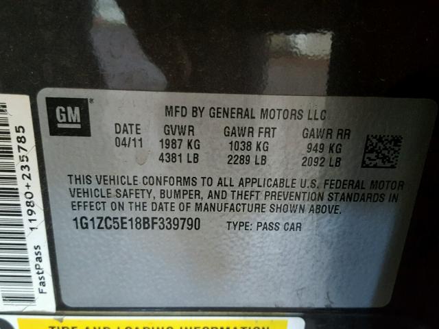 1G1ZC5E18BF339790 - 2011 CHEVROLET MALIBU 1LT ნაცრისფერი ფოტო 10