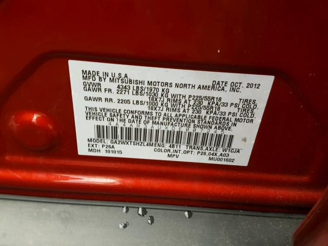 4A4AR3AUXDE007245 - 2013 MITSUBISHI OUTLANDER RED photo 10