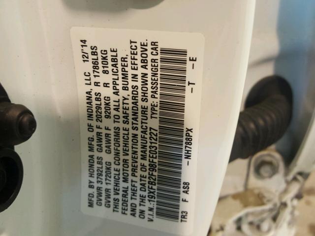 19XFB2F98FE031227 - 2015 HONDA CIVIC EXL 白色 照片 10