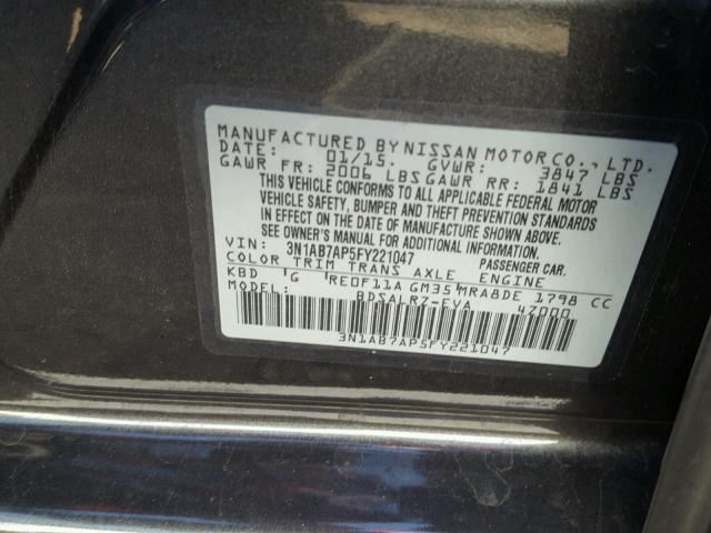 3N1AB7AP5FY221047 - 2015 NISSAN SENTRA GRAY photo 10