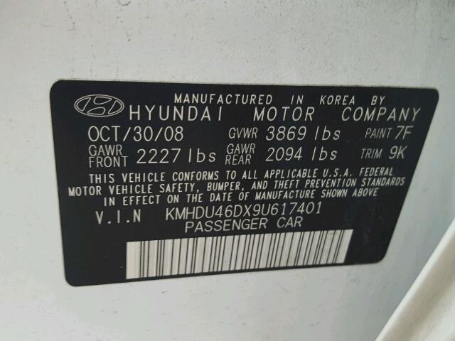 KMHDU46DX9U617401 - 2009 HYUNDAI ELANTRA GL WHITE photo 10