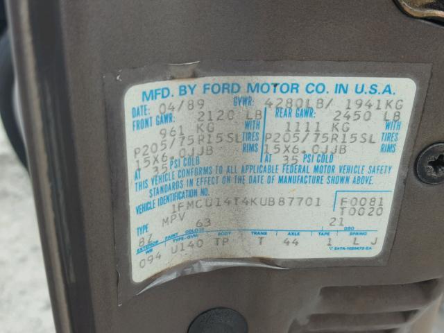 1FMCU14T4KUB87701 - 1989 FORD BRONCO II BROWN photo 10