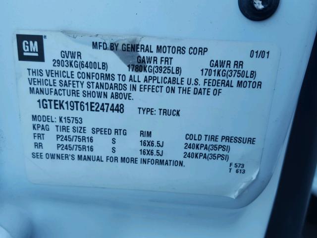 1GTEK19T61E247448 - 2001 GMC NEW SIERRA WHITE photo 10