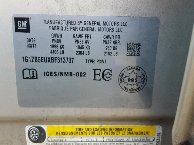 1G1ZB5EUXBF313737 - 2011 CHEVROLET MALIBU LS ბეჟი ფოტო 10