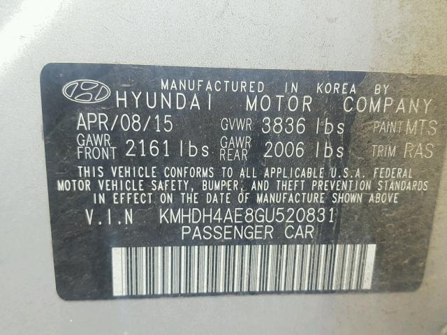 KMHDH4AE8GU520831 - 2016 HYUNDAI ELANTRA SE SILVER photo 10