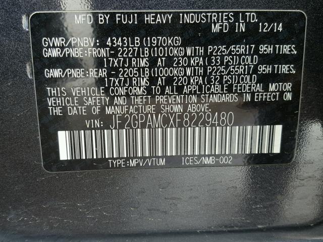 JF2GPAMCXF8229480 - 2015 SUBARU XV CROSSTR CHARCOAL photo 10