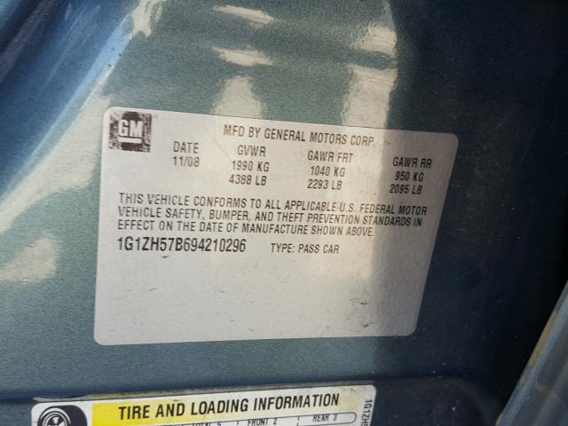 1G1ZH57B694210296 - 2009 CHEVROLET MALIBU 1LT GREEN photo 10