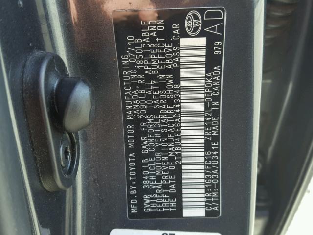 2T1BU4EE6AC443348 - 2010 TOYOTA COROLLA CHARCOAL photo 10