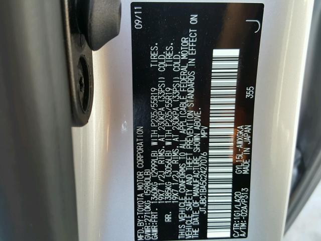 JTJBC1BA5C2427076 - 2012 LEXUS RX 450 SILVER photo 10